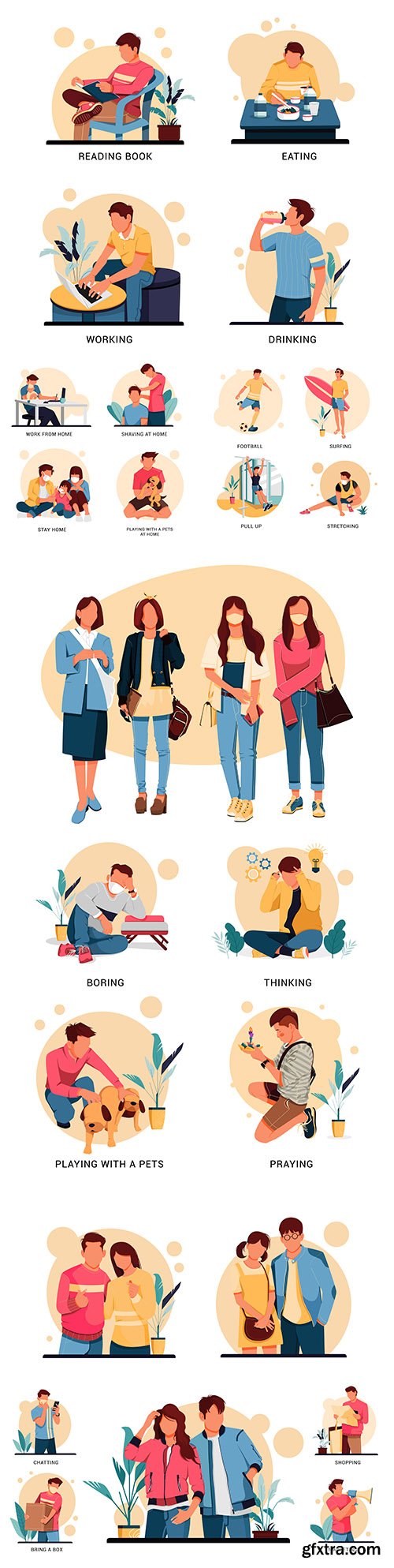 People and nature activities in different situations flat concept
