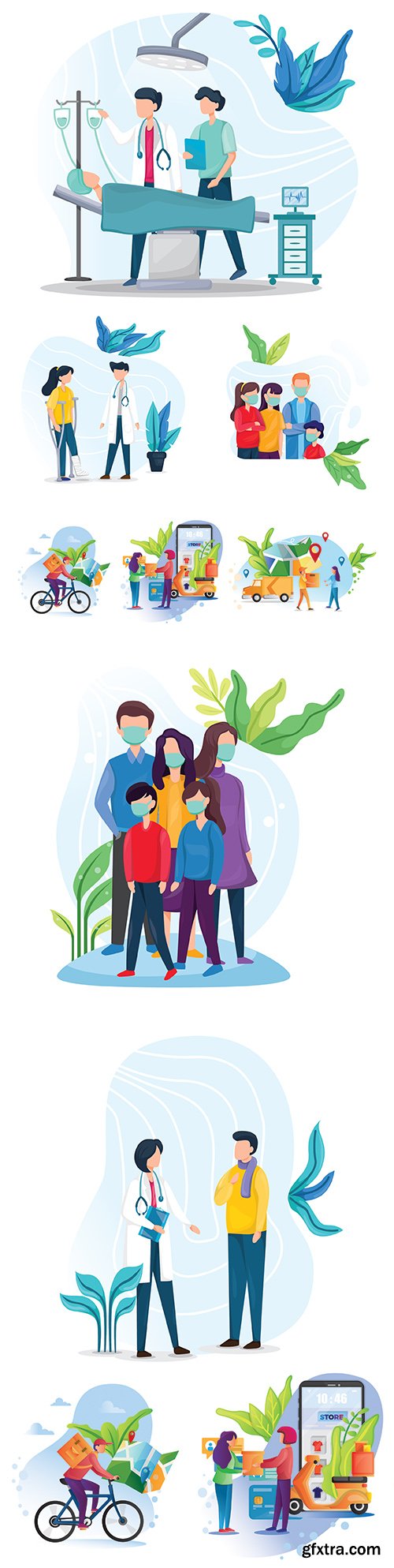 Doctor checks patient and family in medical masks
