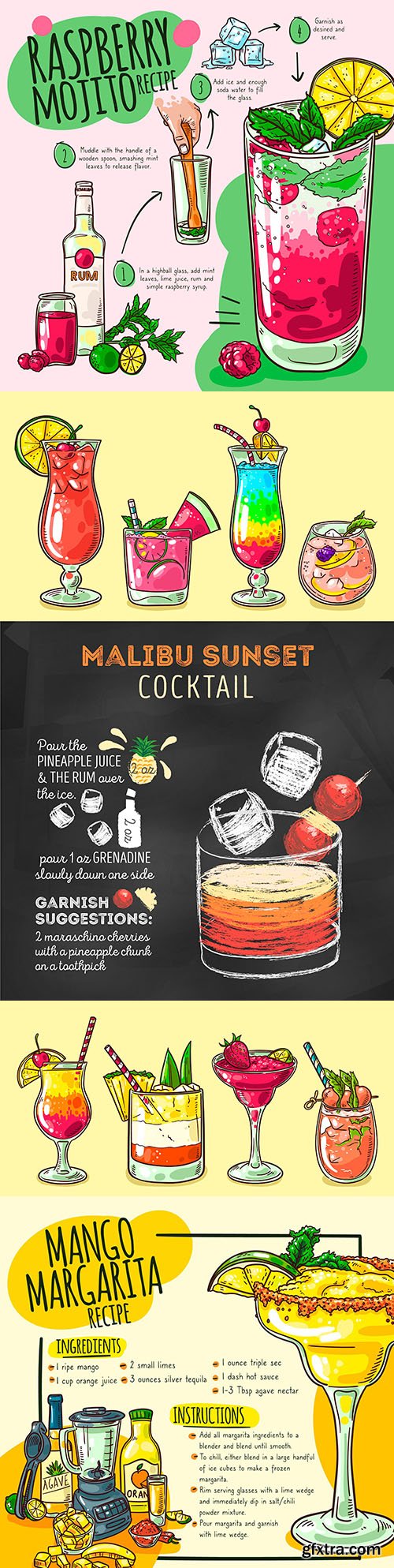 Summer tropical cocktails drawn recipe illustrations
