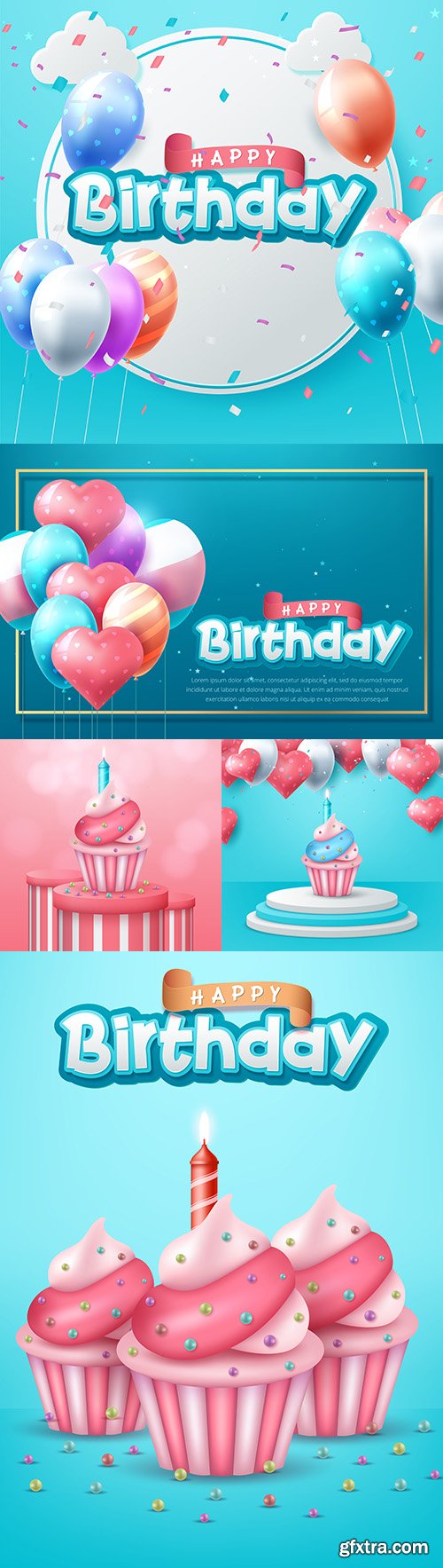 Happy birthday invitation realistic balloons and cakes
