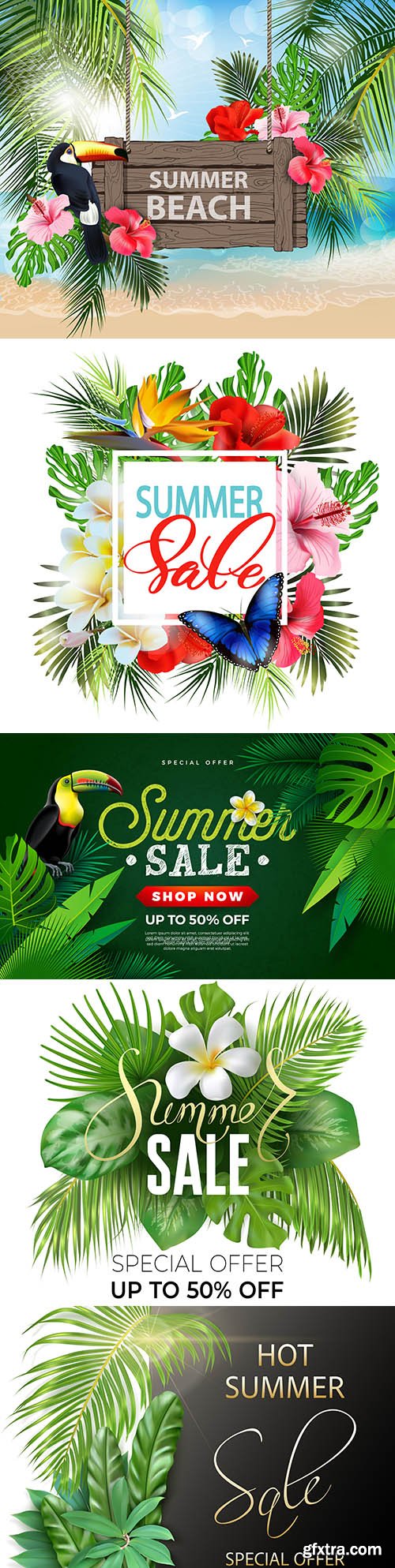 Summer sale background with tropical flowers and birds

