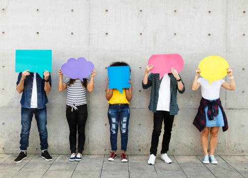 Group of young adults outdoors holding empty placard copyspace thought bubbles - 383956