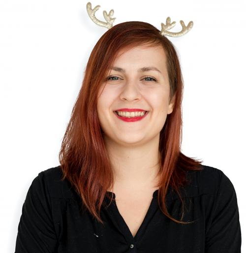 Caucasian Woman Reindeer Headband Smile - 7182