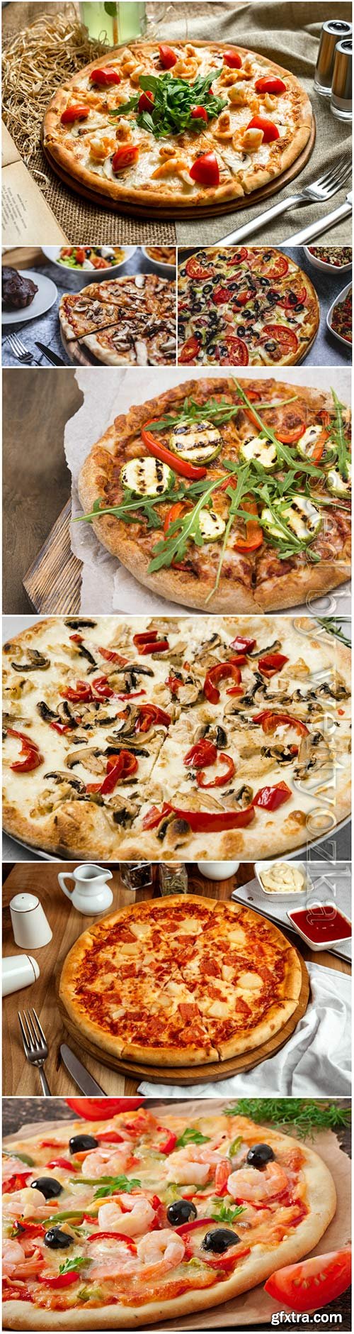 Pizza with meat, seafood, mushrooms and vegetables stock photo Pizza with meat, seafood, mushrooms and vegetables stock photo