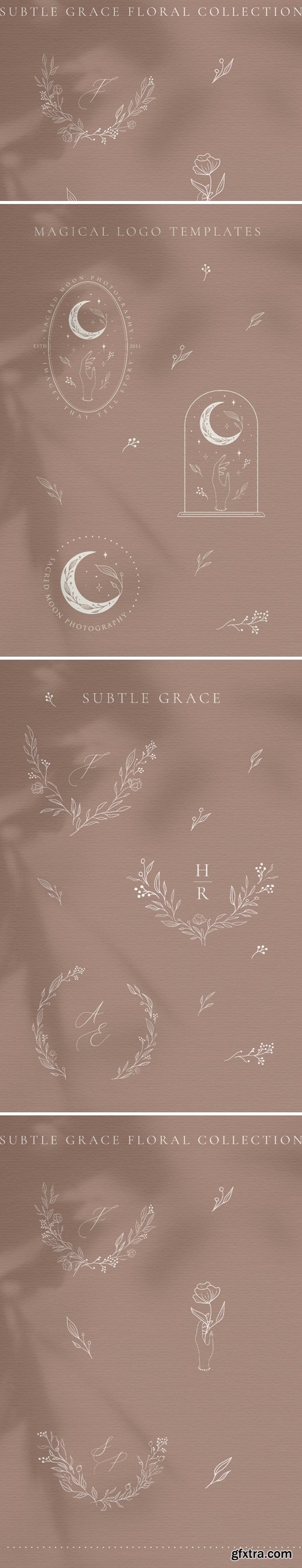 White Subtle Grace. Line drawing delicate wreaths.