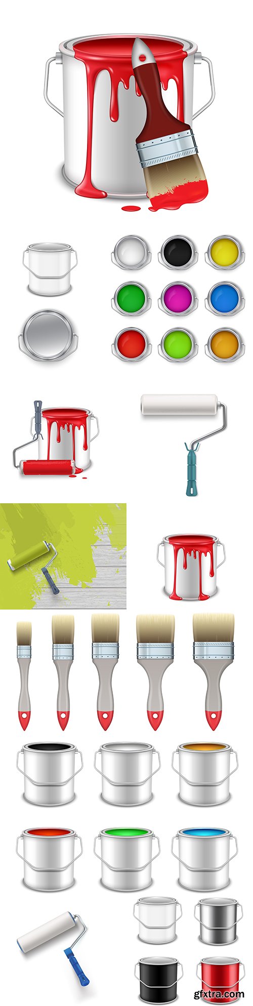 Open jars with colored paint brushes and rolls
Open jars with colored paint brushes and rolls