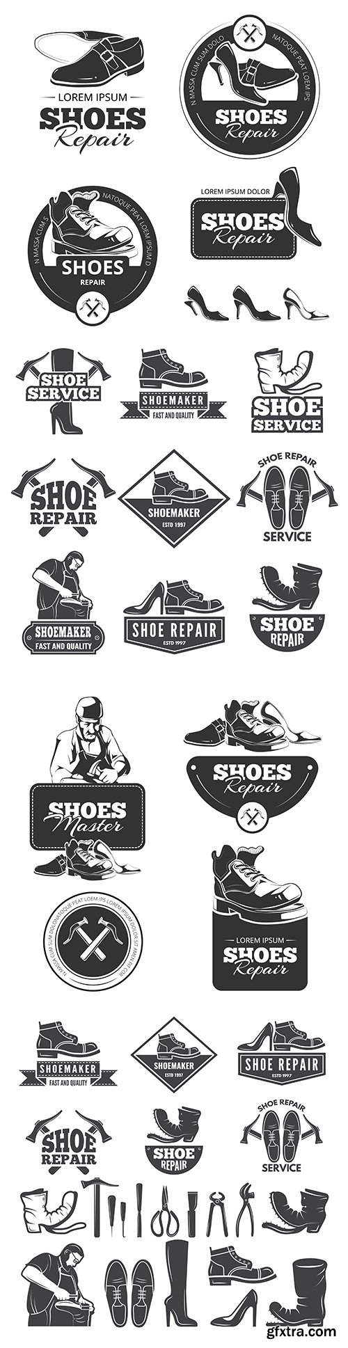 Shoe repair old monochrome labels and logos
Shoe repair old monochrome labels and logos