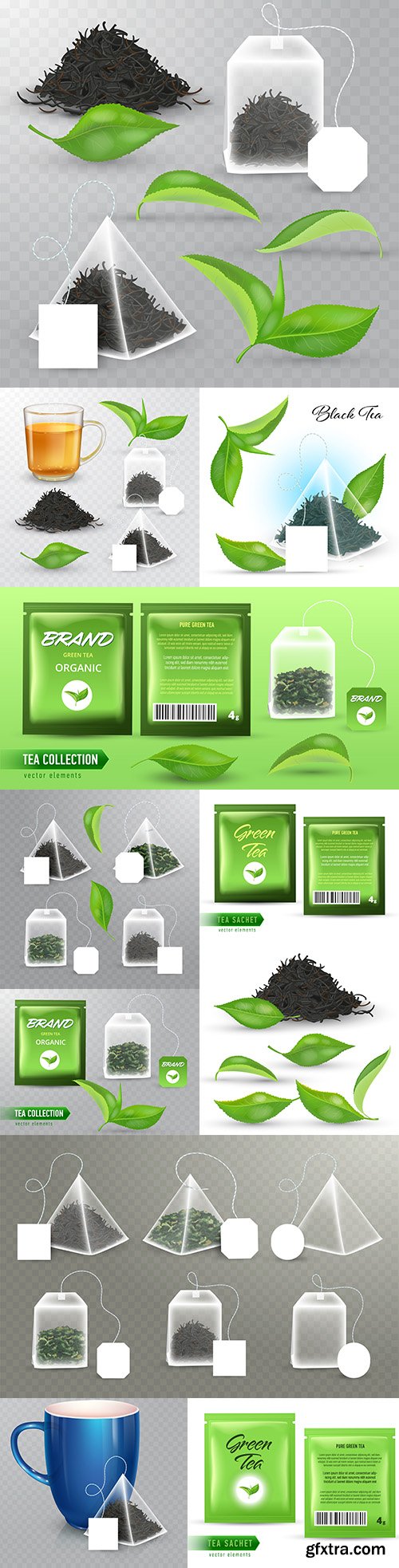 Green and black tea pyramidal bag and realistic leaves
Green and black tea pyramidal bag and realistic leaves