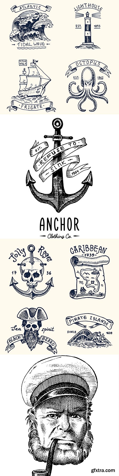 Marine elements engraved vintage stickers and badges design
Marine elements engraved vintage stickers and badges design