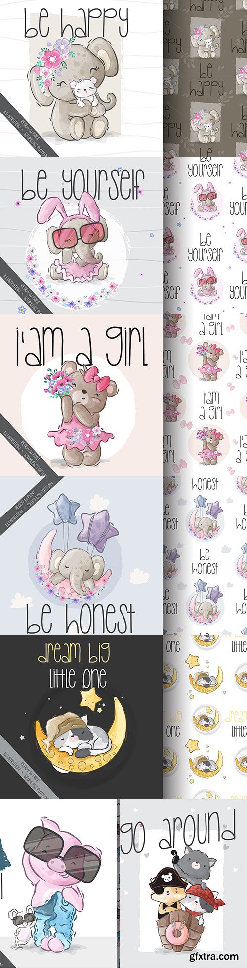 Cute cartoon animals and seamless background 23
Cute cartoon animals and seamless background 23