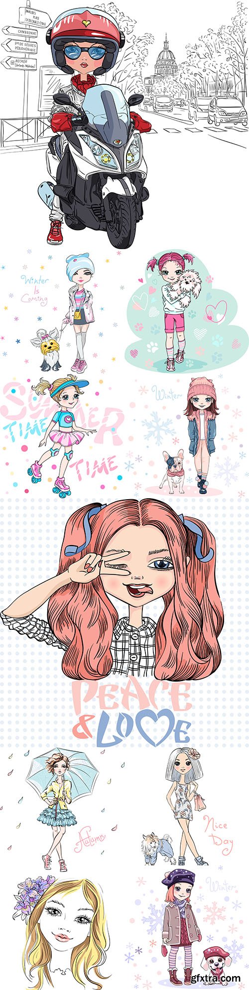 Fashion girl in stylish clothes and dog modern sketch
Fashion girl in stylish clothes and dog modern sketch