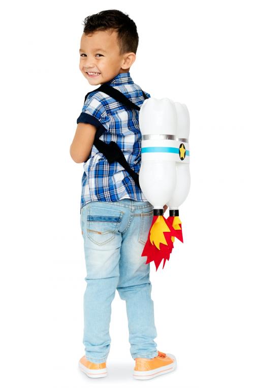 Young cheerful boy with rockets on his back - 5174