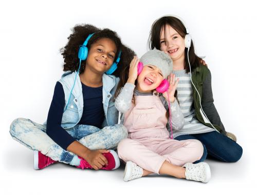 Group of Little Girls Studio Smiling Wearing Headphones and Winter Clothes - 5176