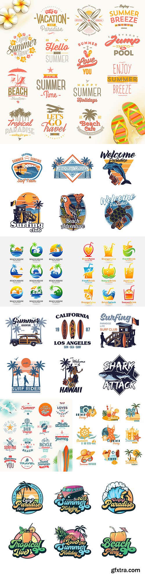 Summer holidays and travel set emblem lettering and logo
Summer holidays and travel set emblem lettering and logo