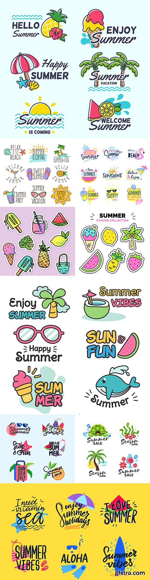 Hello summer colorful painted collection icons and inscriptions
