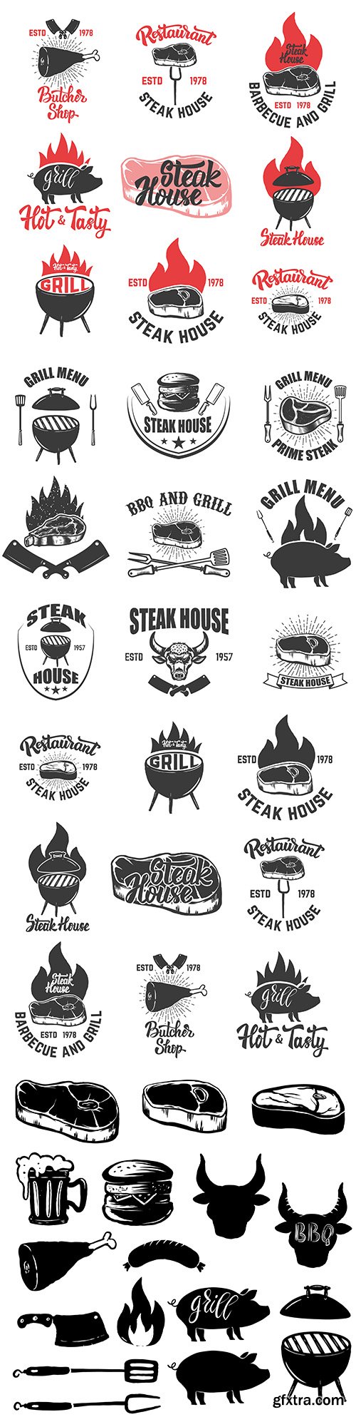 Steakhouse and grilled meat set label and emblem illustration
Steakhouse and grilled meat set label and emblem illustration