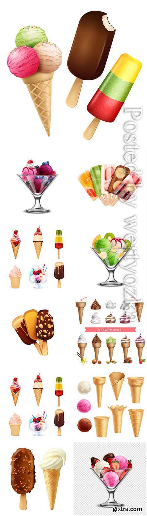 Ice cream platter, chocolate and vanilla ice cream with berries in vector