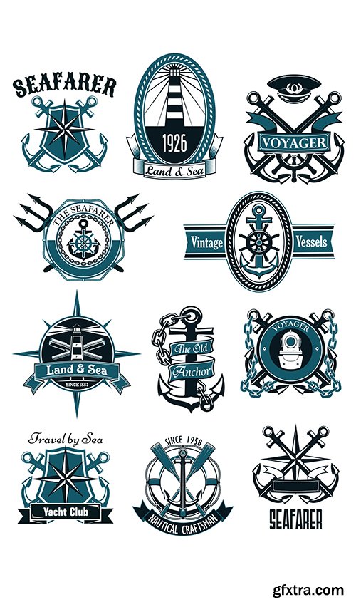 Antique sea badges and emblems with marine design
Antique sea badges and emblems with marine design