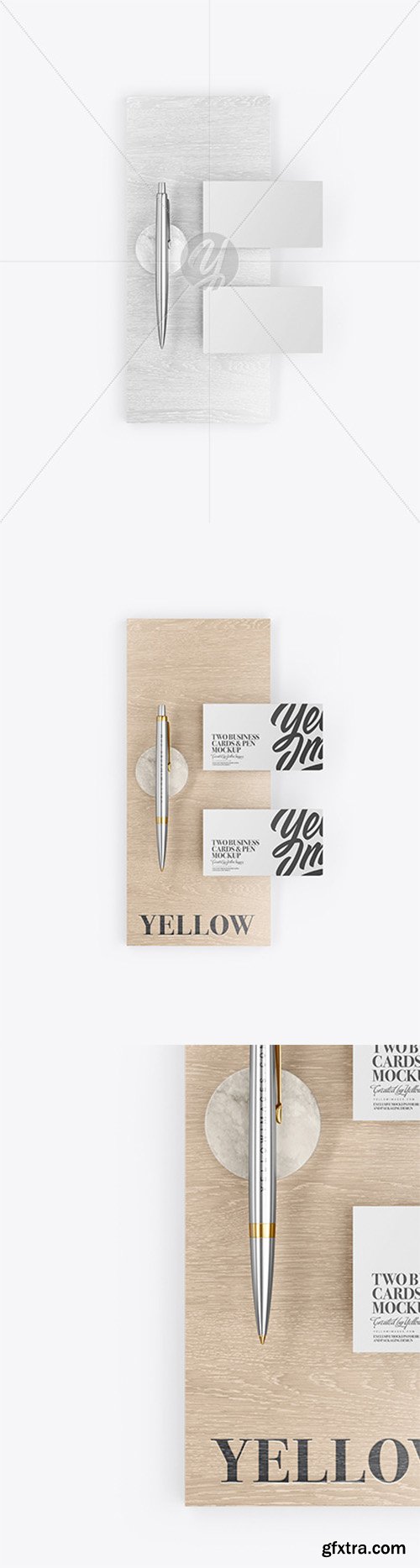 Two Business Cards & Pen with Wood Mockup 63430