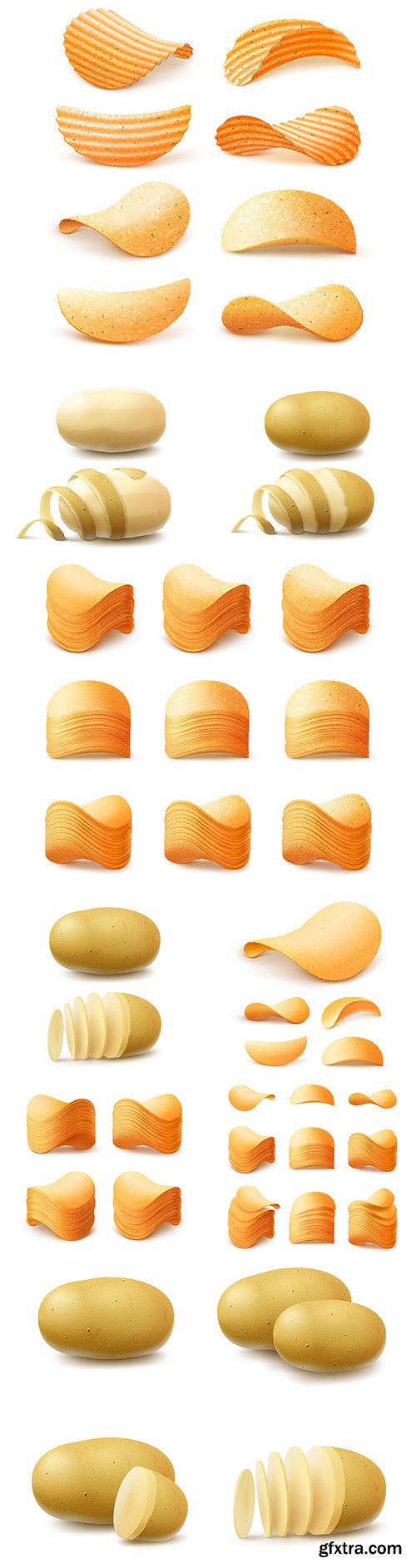 Set of potato crisps and raw peeled potatoes with peel
