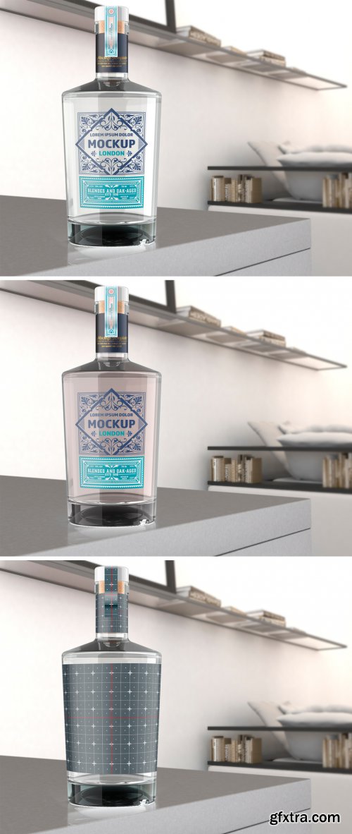 Clear Glass Gin Bottle Mockup with Room Scene 364551433