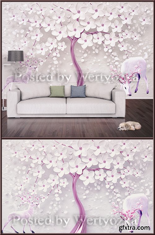 3D psd background wall tree with flowers and deer