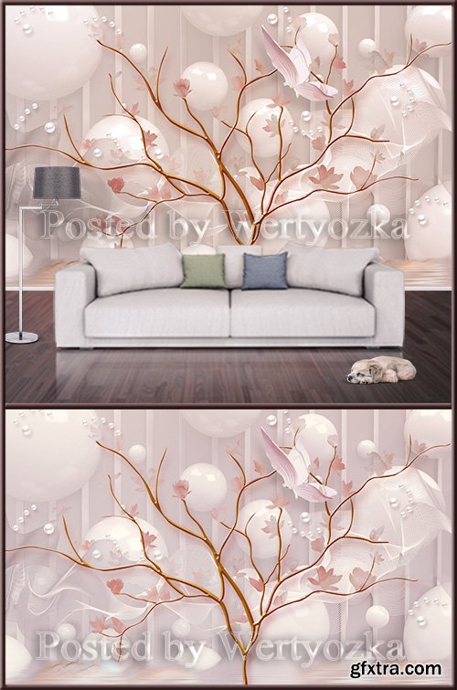 3D psd background wall tree and white pearl balls