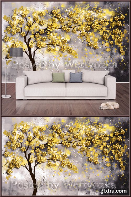 3D psd background wall tree with yellow flowers
