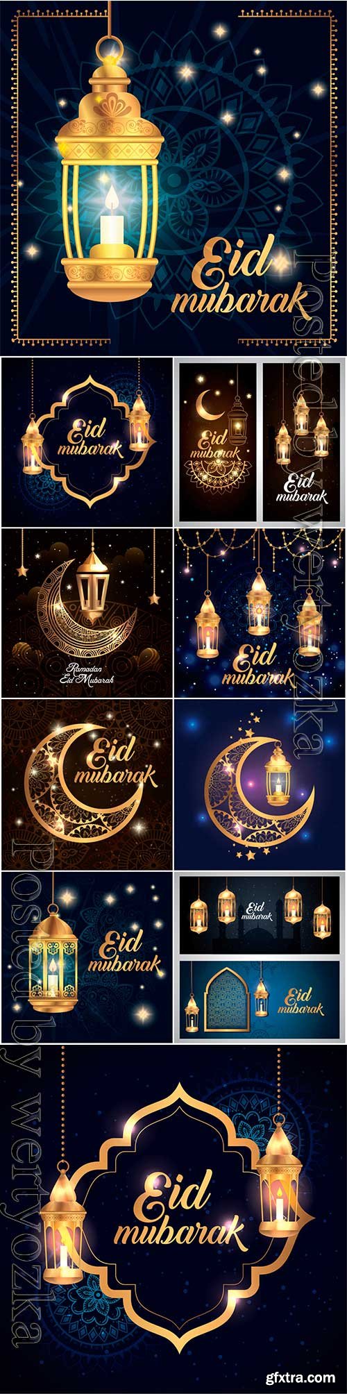 Eid mubarak poster with lantern hanging and decoration vector illustration