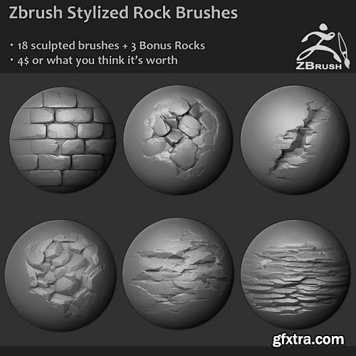Gumroad – Zbrush – 18 Stylized Rock Brushes + 3 Ztool rock meshes and mini tutorial