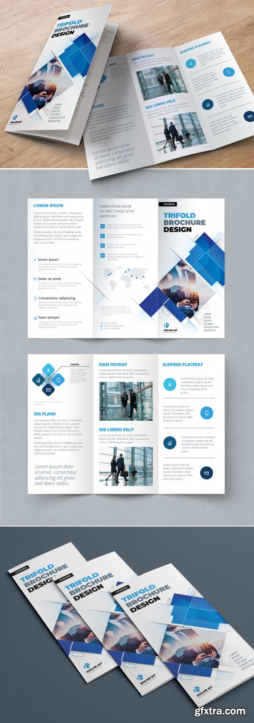 Blue Trifold Brochure Layout with Rectangle Elements 374944668