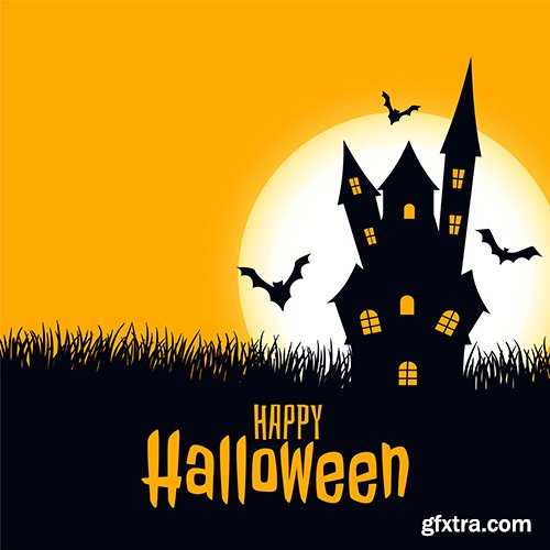 Happy Halloween Scary Card Castle with Moon and Bats Happy Halloween Scary Card Castle with Moon and Bats