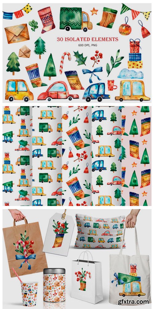 Christmas Cars - Watercolor Clip Art 6231616