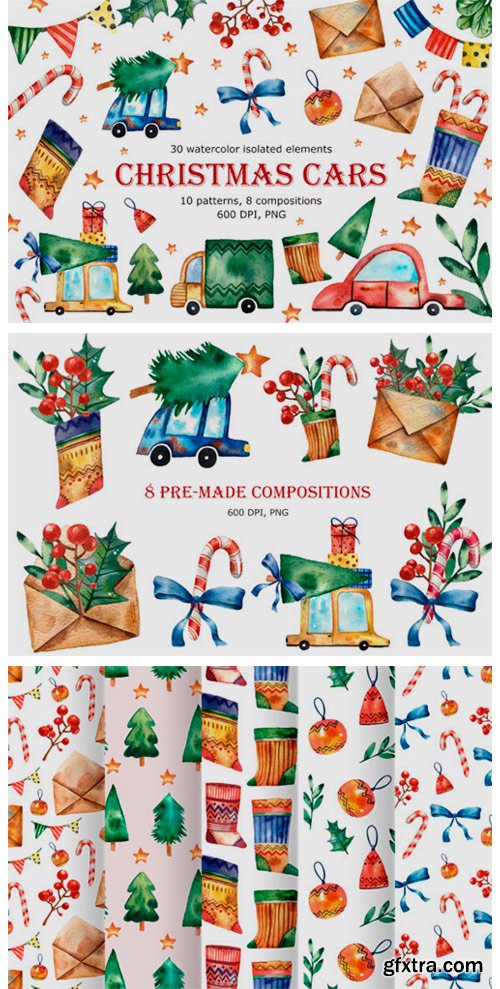 Christmas Cars - Watercolor Clip Art 6231616