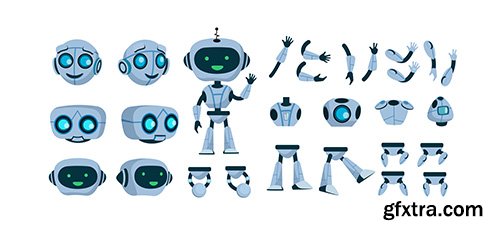 Futuristic robot constructor flat icon set