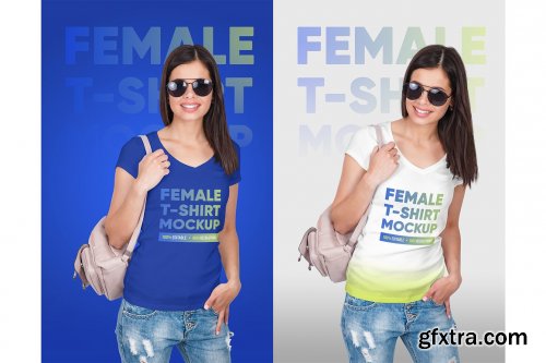 CreativeMarket - Female V-Neck T-Shirt Mockup 5336811