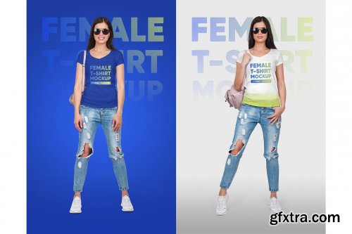 CreativeMarket - Female V-Neck T-Shirt Mockup 5336811