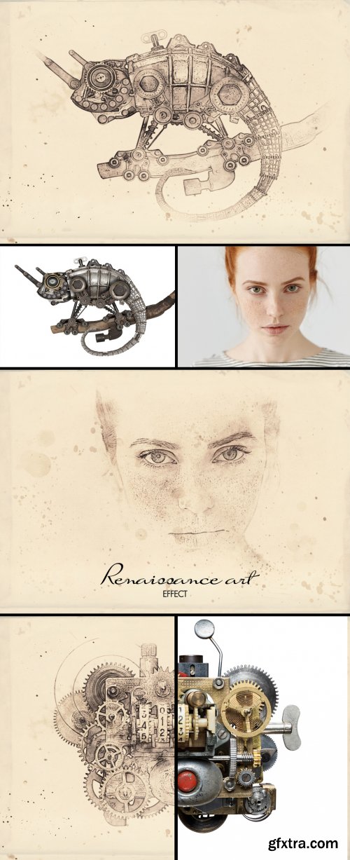 Renaissance Mixed Art Watercolor and Halftone Effect Mockup 387459948