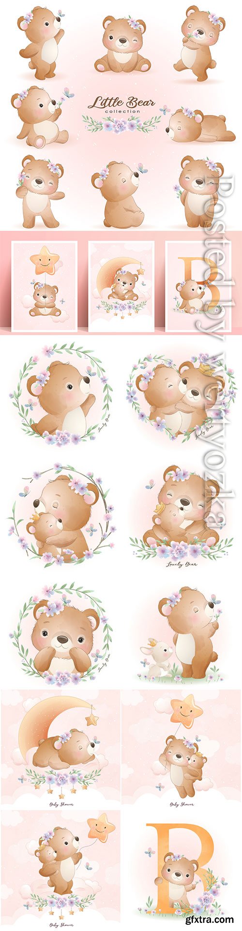 Cute doodle bear poses with floral set illustration premium vector