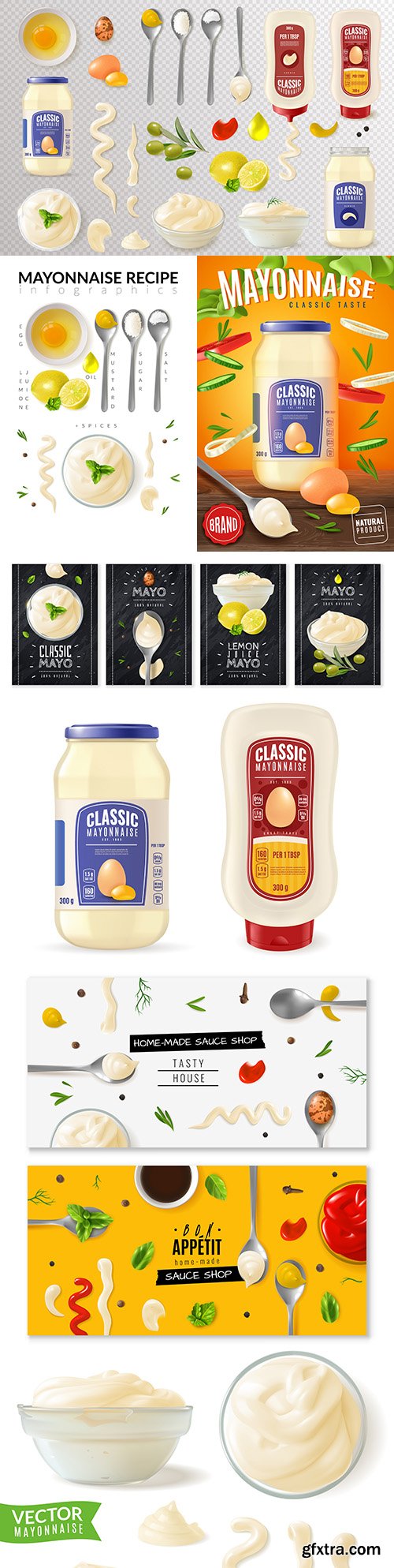 Realistic illustrations of glass can mayonnaise and recipexA;