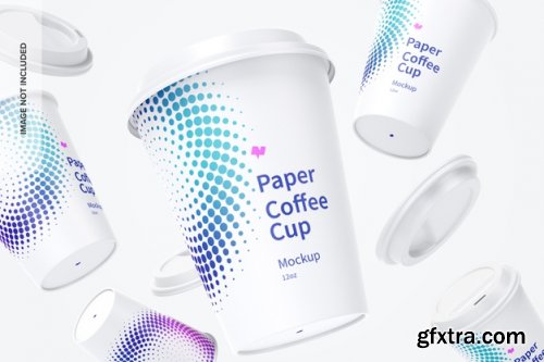  12oz paper coffee cups with caps mockup falling