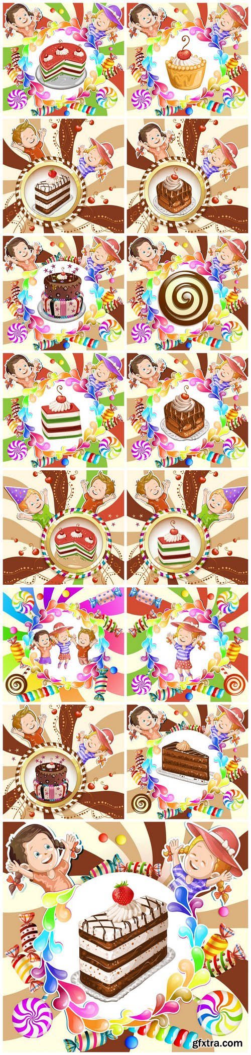 Illustration of kids with cake and candies - Set of 15xEPS, AI Professional Vector Stock