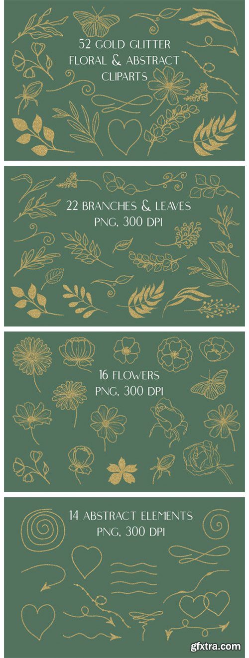 52 Gold Glitter Doodle Floral Cliparts 7075820