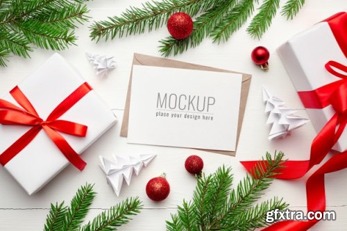 Greeting card mockup with christmas decorations