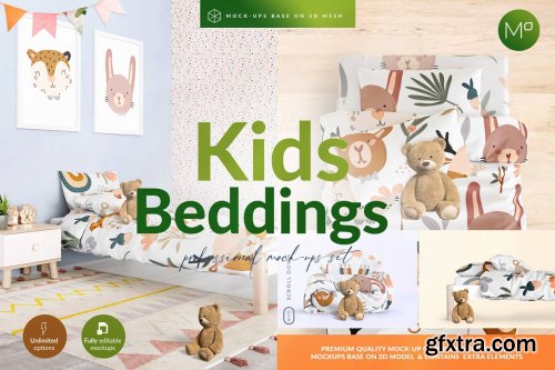 CreativeMarket - Kids Beddings Mock-ups Set on 3D 5579996