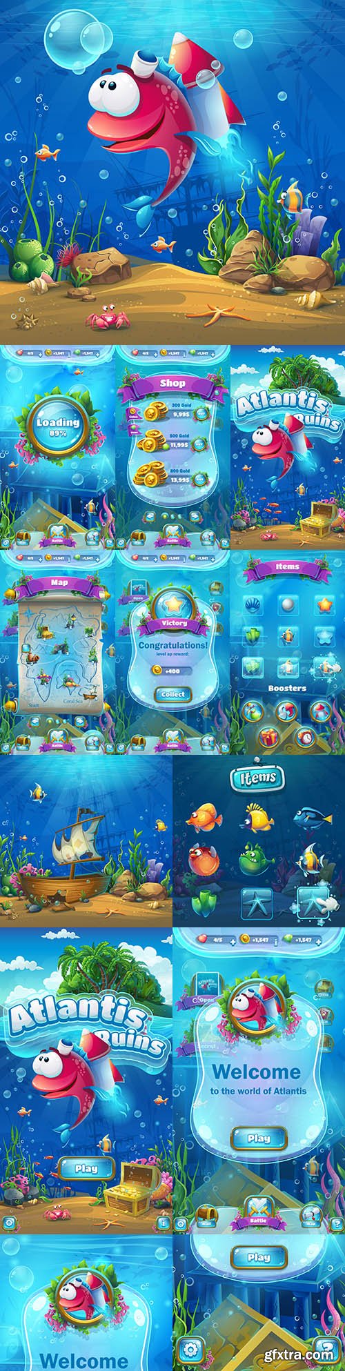 Ruins Atlantis interface game with underwater scene