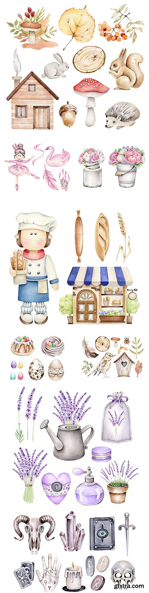 Watercolor illustrations on different topics and times of year
