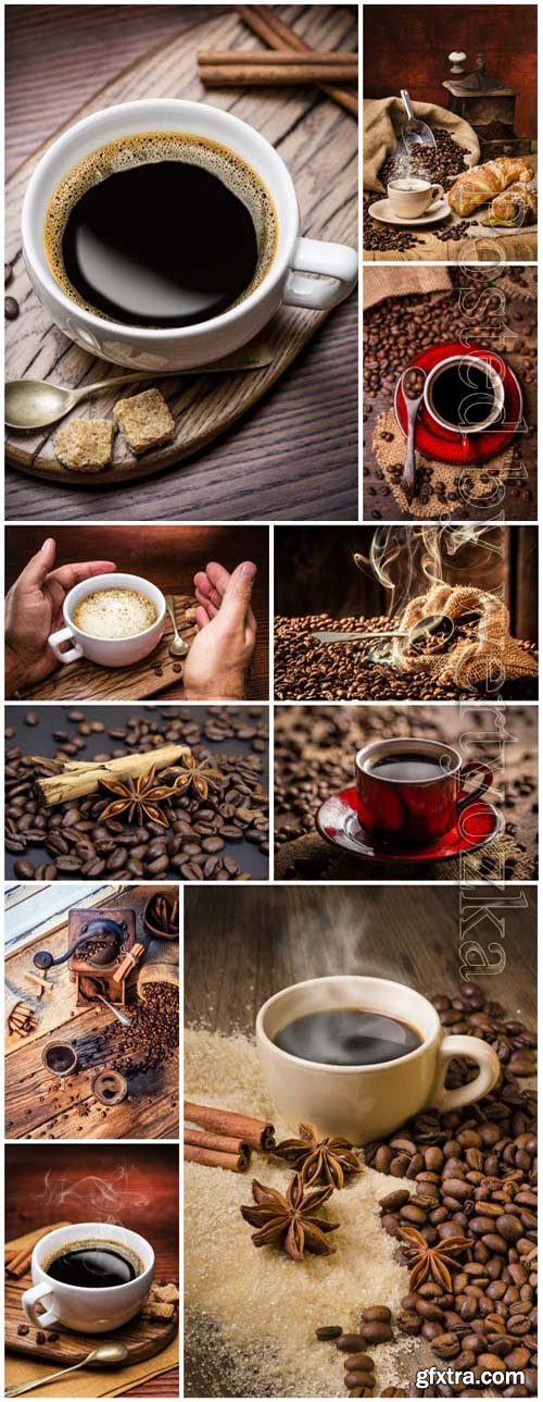 Cups with coffee and coffee beans on table stock photo