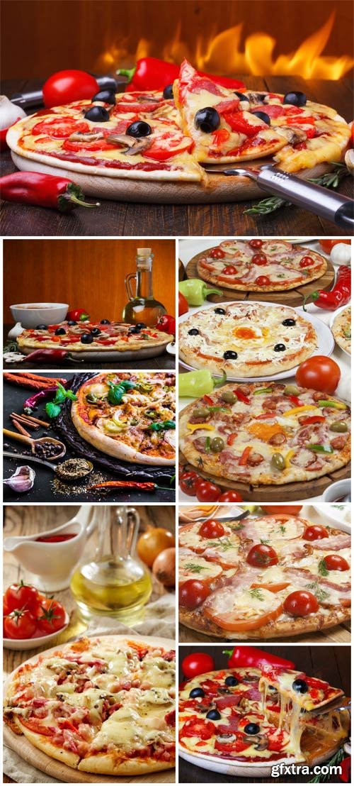 Pizza with tomatoes and olives stock photo Pizza with tomatoes and olives stock photo