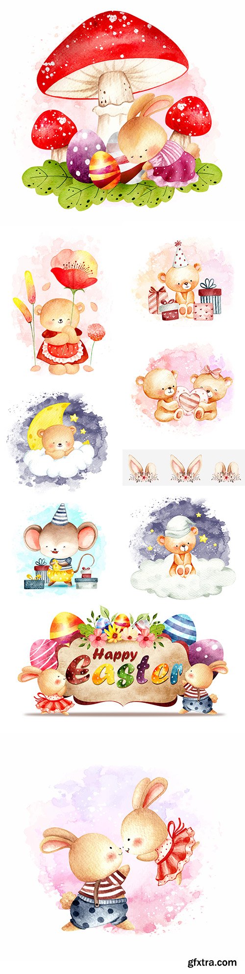 Teddy bear and bunny watercolor illustrations
